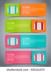 Design colored banners for sale with gift boxes. Vector illustration. Set