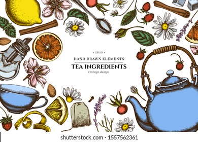 Design with colored cinnamon, lemons, oranges, tea bag, sugar cubes, heather, chamomile, dog rose, peppermint, almond, strawberry, teaspoon, teapots, cups, sugar bowl