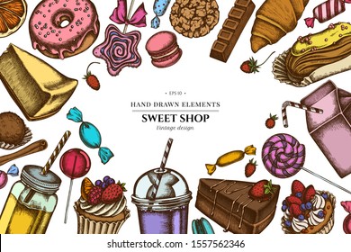 Design with colored cinnamon, macaron, lollipop, bar, candies, oranges, buns and bread, croissants and bread, strawberry, milk boxes, smoothie cup, lollipop, smothie jars, cheesecake, eclair, cupcake