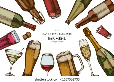 Design with colored glass, champagne, mug of beer, alcohol shot, bottles of beer, bottle of wine, glass of champagne, glass of wine, glass of martini, aluminum can