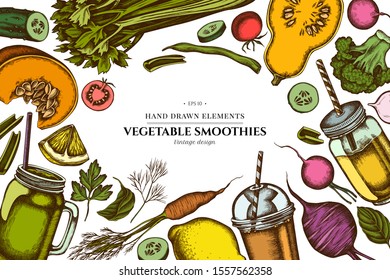 Design with colored lemons, broccoli, radish, green beans, cherry tomatoes, beet, greenery, carrot, basil, pumpkin, smoothie cup, smothie jars, cucumber, celery
