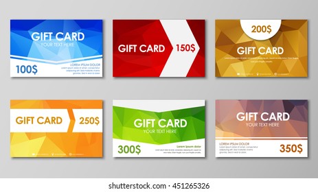 Design of colored polygonal gift cards. Templates of different values for gifts, advertising and sales. Vector illustration