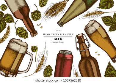 Design with colored rye, hop, mug of beer, bottles of beer, aluminum can