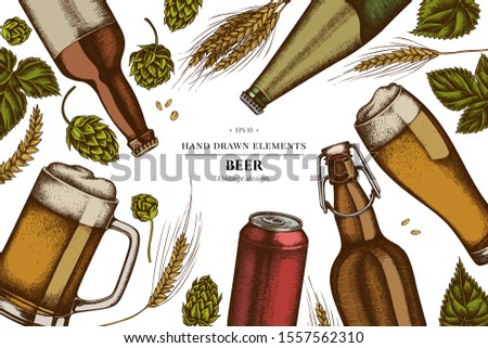 Design with colored rye, hop, mug of beer, bottles of beer, aluminum can