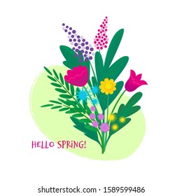 Design of colored spring flowers with lettering. Vector flat isolated illustration with grainy texture for postcard, banner, poster, greeting card  etc.