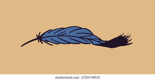 Design der farbigen Tätowierung der weichen Vogelfeder. Leichte Feder im Vintage-Stil. Leichte fliegende Federn im Retro-Tattoo. Blaues Gefieder ist im Flug gotisch tätowiert. Flache, einzelne Vektorgrafik