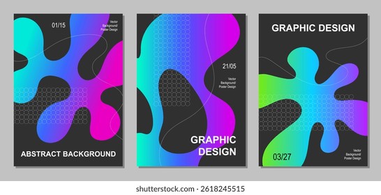 Design of colorful abstract backgrounds on black background. Set of futuristic covers with gradient blots. Templates with blue, green and purple colors. Vector illustrations.