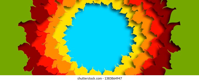 Design of colorful autumn leaves placed in a circle. Template for caps of social networks. Autumn paper cut. Layered illustration. Vector illustration