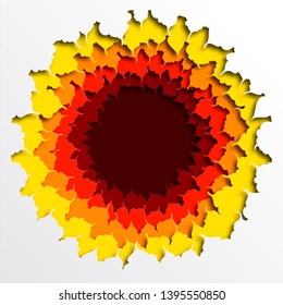 Design of colorful autumn leaves placed in a circle. Template for advertising, label, poster, brochure. Autumn paper cut. Layered illustration. Vector illustration
