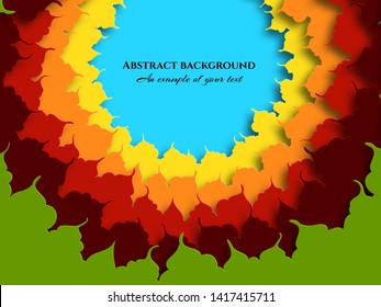 Design of colorful autumn leaves placed in a circle. Template for advertising, label, poster, brochure. Autumn paper cut. Layered illustration. Vector illustration