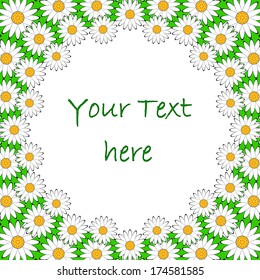 Design colorful chamomile background for text. Floral decorative circular frame. Vector-art illustration