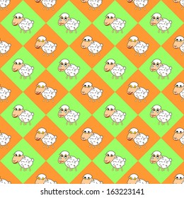 Design colorful diamond children background with funny cartoon sheep. Vector art