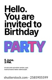 Design with colorful eye catching typography for your flyer, poster, cover, brochure or banner. Birthday party invitation layout template. 