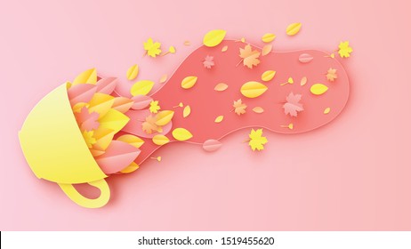 Design colorful leaves inside a coffee cup with spilled coffee. Graphic design for Autumn. Paper cut and craft style. vector, illustration.