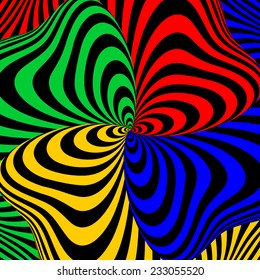 Design colorful swirl movement illusion background. Abstract strip distortion twisted decorative backdrop. Vector-art illustration