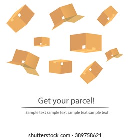 Design colorful vector illustration of parcels flying down from sky, concept for delivery service isolated on white background with text