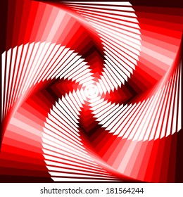 Design colorful vortex movement illusion tetragon geometric background. Abstract stripe distorted textured backdrop. Vector-art illustration