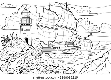 Design for coloring book. Beautiful landscape with sailing ship in ocean and rock with lighthouse. Antistress entertainment for kids and adults. Linear simple vector illustration in Zen tangle style