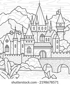 Design for coloring book. Beautiful medieval castle with bridge on river. Entertainment and antistress for children and adult. Design for printing. Cartoon flat vector illustration in Zen tangle style