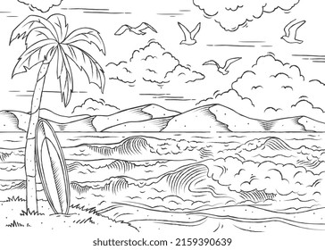 Design for coloring book. Beautiful seascape with palm tree, surfboard, waves, shore and mountains. Antistress or entertainment for children and adult. Cartoon flat vector illustration in linear style