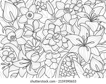 Design for coloring book. Beautiful wildflowers, lilies, roses and daisies on whole screen. Antistress or entertainment for adults and children. Cartoon flat vector illustration in linear style