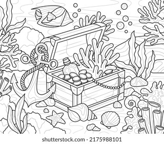 Design for coloring book. Chest with pirate treasures, gold, precious stones and anchor at bottom of ocean. Antistress for children and adults. Simple linear vector illustration in zen tangle style.