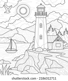 Diseño para colorear un libro. Composición con faro sobre montaña o roca, mar y barcos. Antiestrés o entretenimiento para adultos y niños. Ilustración simple del vector lineal en el estilo enmarañado zen