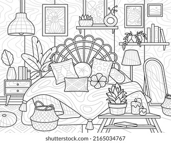 Design for coloring book. Cozy bedroom with soft bed, warm blanket, pillows and stylish furniture. Antistress or entertainment for children and adults. Linear vector illustration in zen tangle style