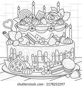 Design for coloring book. Delicious birthday cake with fruit, meringue and candles. Sweet sugar dessert for holiday. Antistress for children and adults. Cartoon flat vector illustration. Zen tangle