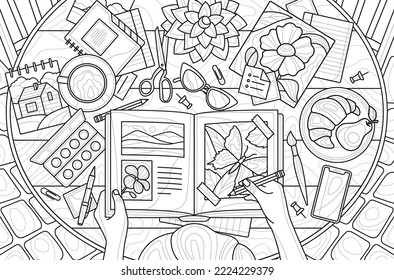 Design for coloring book  Girl sitting at table   filling diary and pictures  Creative person workspace and paints  brush   pencil  Zen tangle   antistress  Cartoon flat vector illustration