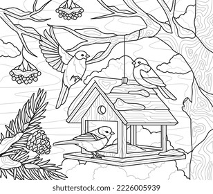 Diseño para colorear un libro. Página de color con alimentador de aves de madera, hermosas aves, ramas de árboles y hojas. Antiestrés para adultos y niños. Ilustración simple del vector lineal en el estilo enmarañado zen