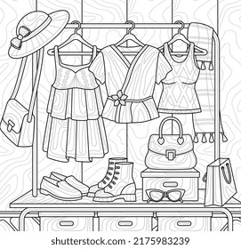 Design for coloring book. Stylish clothes, woman dress on hanger, hat, handbag and shoes in wardrobe. Antistress for children and adults. Cartoon flat vector illustration in zen tangle style