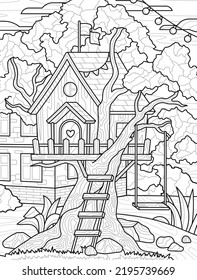 Design for coloring book. Tree house in backyard for young children. Entertainment and antistress for adults and kids. Black and white template. Cartoon flat vector illustration in Zen tangle style