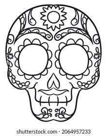 Design for coloring of frontal view of Mexican skull, decorated with the traditional patterns for Day of the Dead: flowers, petals, leaves, vines and mustache.