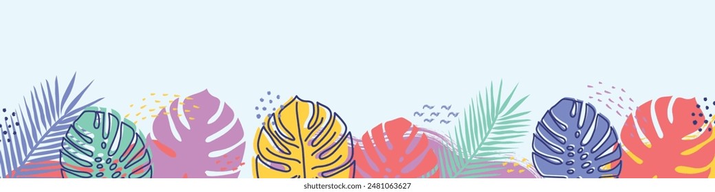 Design with colourful tropical leaves. Summer banner. Vector illustration