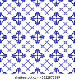 O design combina formas geométricas, padrões florais, detalhes ornamentais e motivos inspirados em têxteis, misturando perfeitamente com desenhos de azulejos e papéis de parede em tons de azul suave em um fundo branco limpo