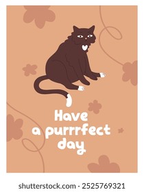 Design of comic postcard with goofy cat. Template of funny card with cute fluffy kitty. Amusing fat kitten with confused muzzle sits. Adorable pet, furry domestic animal. Flat vector illustration