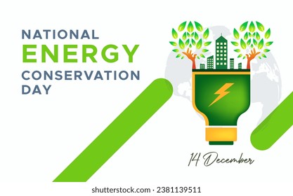 design commemorating national energy conservation day. December 14. green trees and buildings
