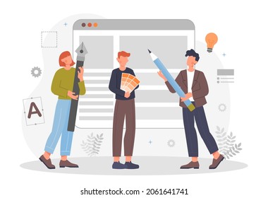 Design community concept. Man and girl working on project, website design, creativity, layout, mockup. Company of designers discusses their work. Flat vector illustration isolated on white background