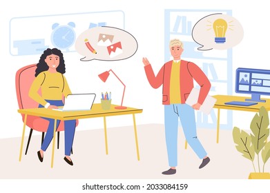 Design company concept. Man and woman designers working on project, brainstorming, creating graphics, drawing pictures for website content, doing branding. Vector illustration in trendy flat design