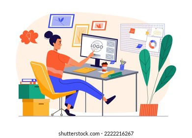 Design company concept with people scene in the flat cartoon style. Designer opened her own company that creates logos. Vector illustration.