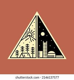 design of a comparison of urban life and outdoor camping holidays in mono line art