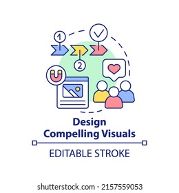 Design compelling visuals concept icon. Capturing images. Customer attention span abstract idea thin line illustration. Isolated outline drawing. Editable stroke. Arial, Myriad Pro-Bold fonts used