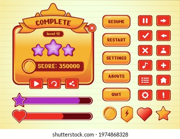 Design for Complete set of score button game pop-up, icon, window and elements for creating medieval RPG video games