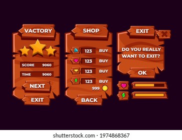 Design for Complete set of score button game pop-up, icon, window and elements for creating medieval RPG video games