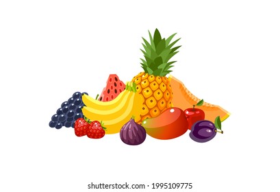 Design composition of colorful cartoon fruits: pineapple, banana, grape, watermelon and many other. Vector illustration flat icon isolated on white background.