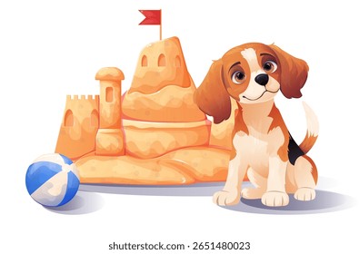 A design composition featuring a striped rubber beach ball, a detailed sandcastle with a red flag on top of one of its towers, and an adorable beagle sitting next to the fortress.