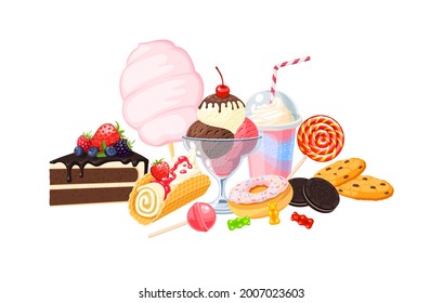 Design composition of sweets and bakers: candies, ice cream, cake, cookies and many others. Vector cartoon flat icon illustration isolated on white background.