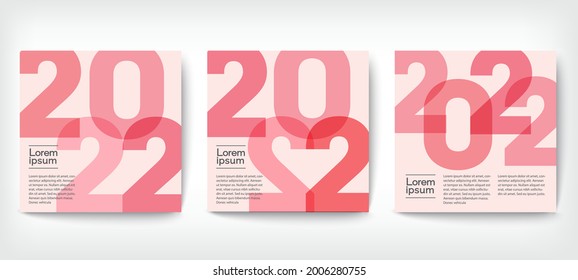 Design concept of 2022 Happy New Year set. Templates with typography logo 2022 for celebration, pink color backgrounds for branding, banner, cover, card, social media, poster, Vector EPS 10
