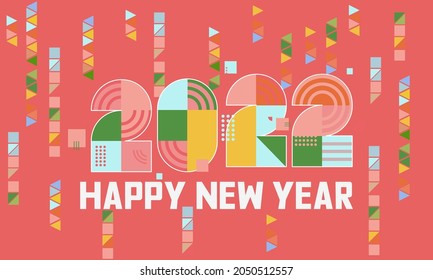 Design concept of 2022 Happy New Year. 2020 new year logo composed from geometric shapes. Greeting design with multicolored number of year. Colorful trendy backgrounds for banner, cover, card. Vector